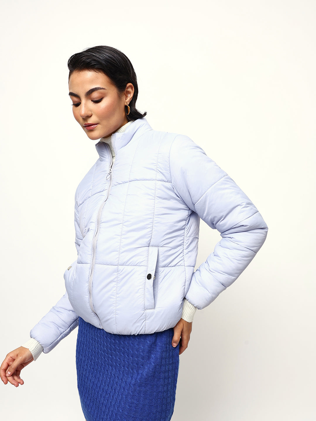 DL Woman Lilac Solid Stand Collar Full Sleeves Puffer Jacket