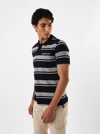 Men's Navy Striped Polo Collar Relaxed Fit T-shirt