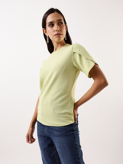 DL Woman Green Solid Textured Round Neck Petal Sleeves Top