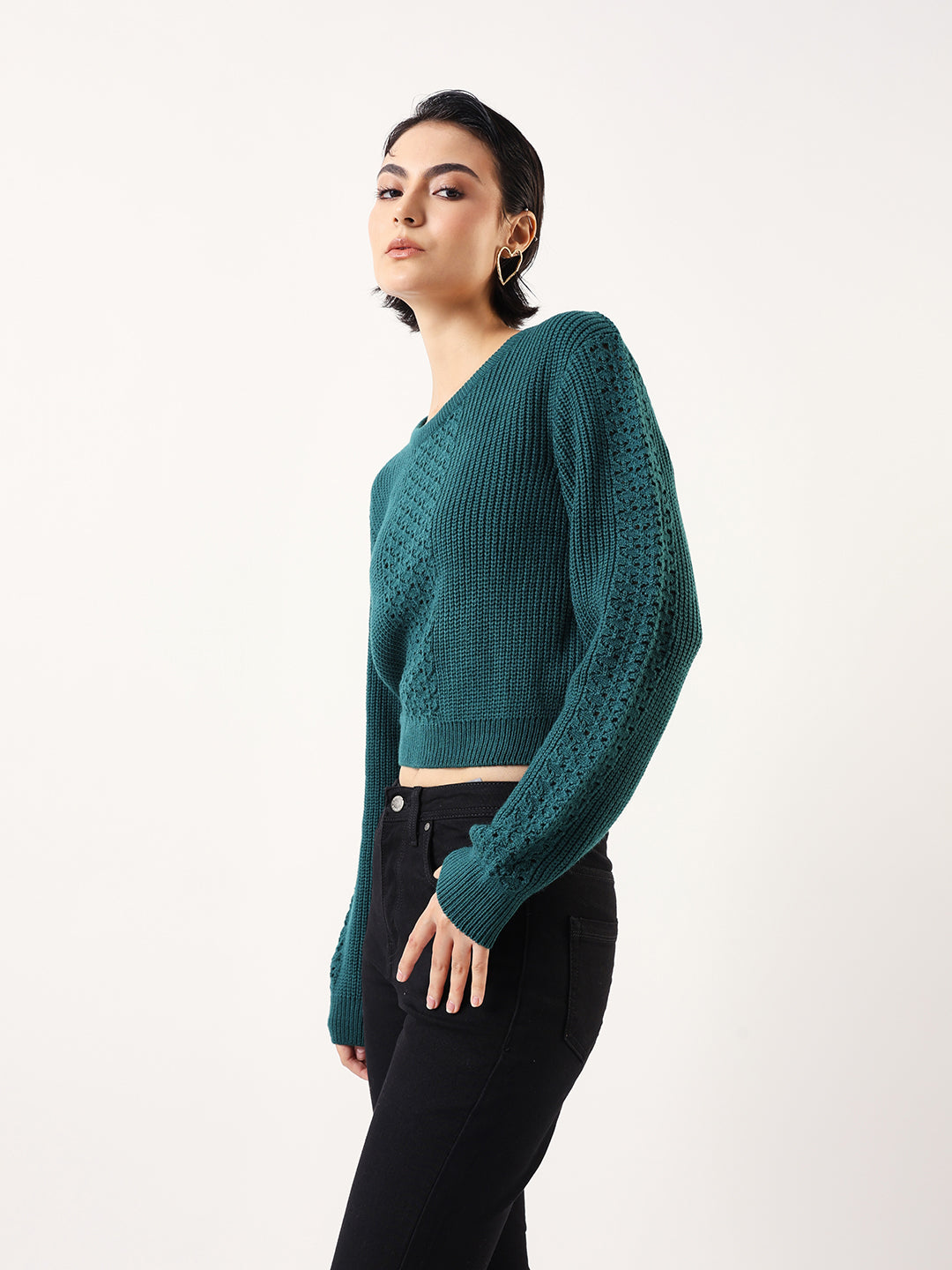 Solid Round Neck Full Sleeves Crochet Sweater