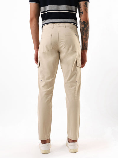 Men's Beige Solid Slim Fit Cargo Trouser