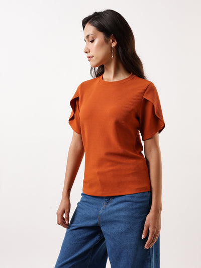 DL Woman Rust Solid Textured Round Neck Petal Sleeves Top