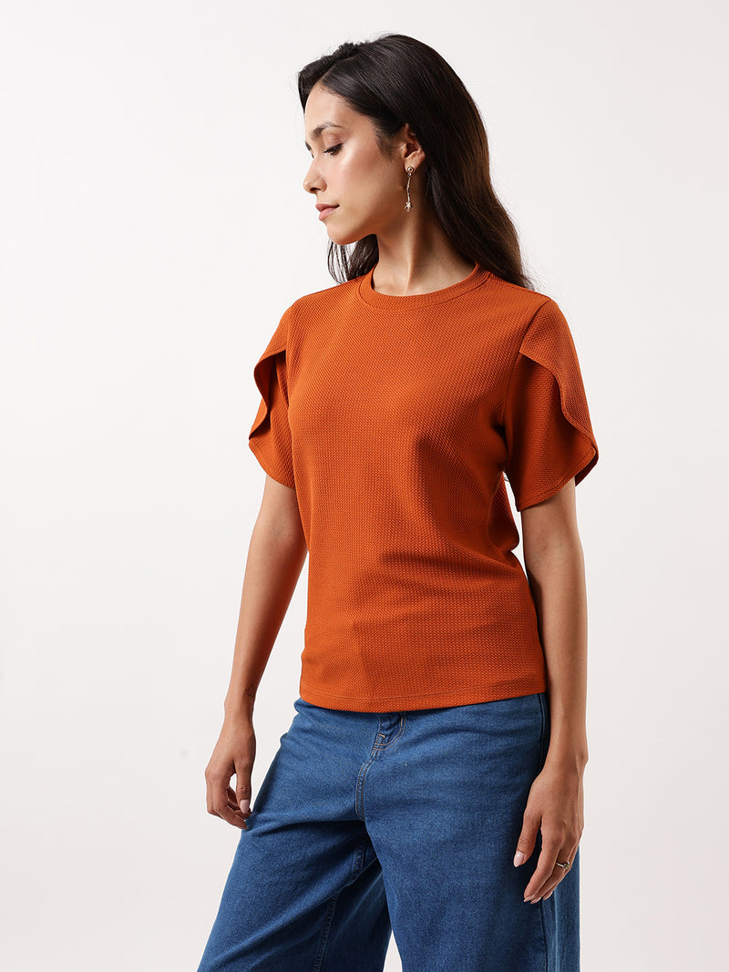 DL Woman Rust Solid Textured Round Neck Petal Sleeves Top