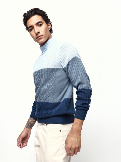 Men's Colourblocked Cable Knit Turtle Neck Pullover Sweater