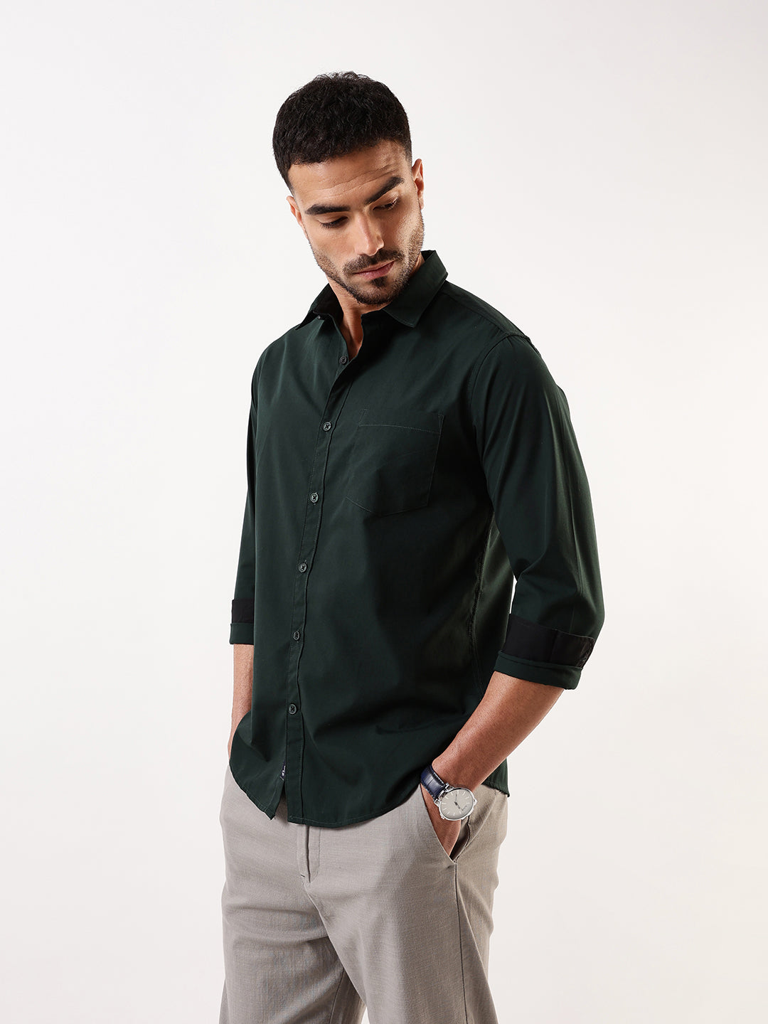 Men's Bottle Green Solid Spread Collar Full Sleeves Regular Fit Casual Shirt