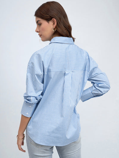 DL Woman Light Blue Vertical Striped Relaxed Fit Cotton Casual Shirt