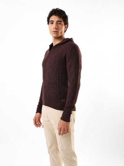 Men's Solid Cable Knit Hooded Front-Open Sweater