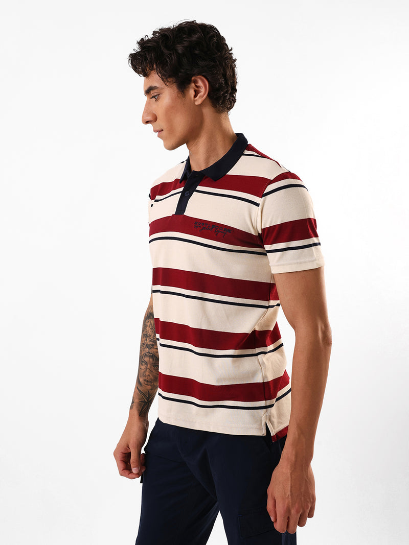 Men's Off White Striped Polo Collar Relaxed Fit T-shirt