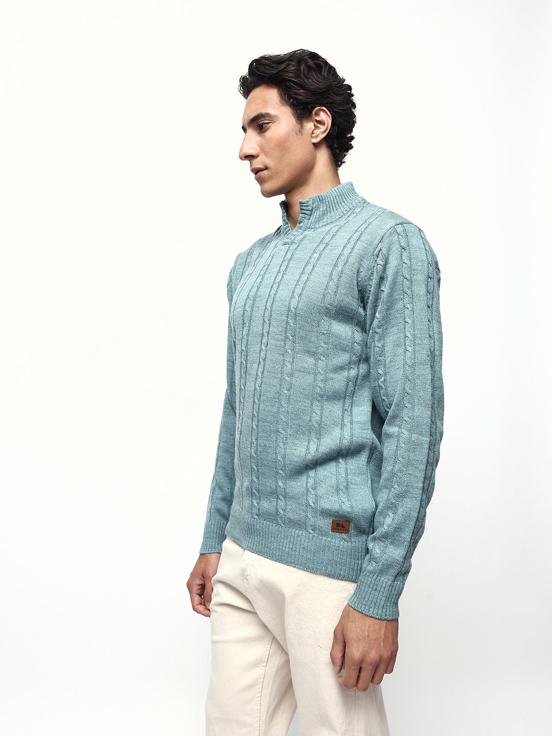 Men's Cable Knit Solid Mock Collar Pullover Sweater