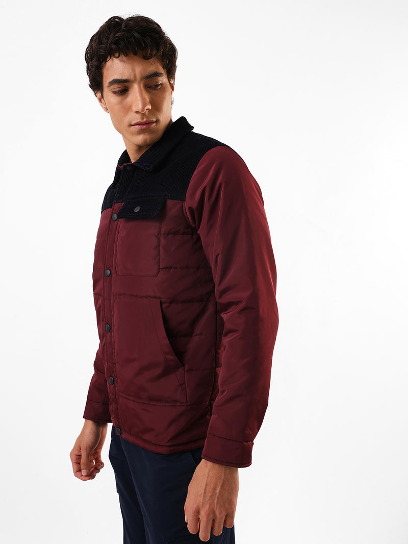 Men's Black & Maroon Colourblocked Spread Collar Full Sleeves Puffer Jacket