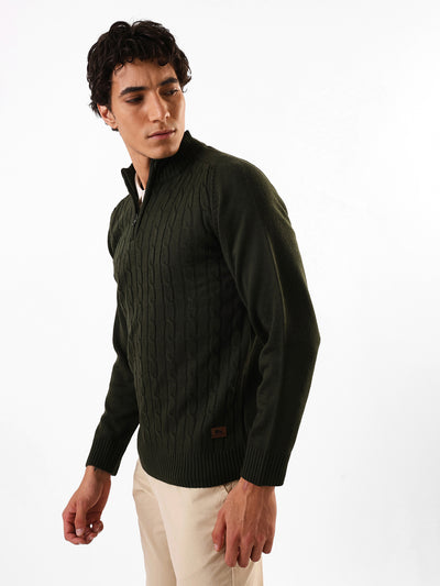 Men's Solid Cable Knit Mock Collar Front-Open Sweater