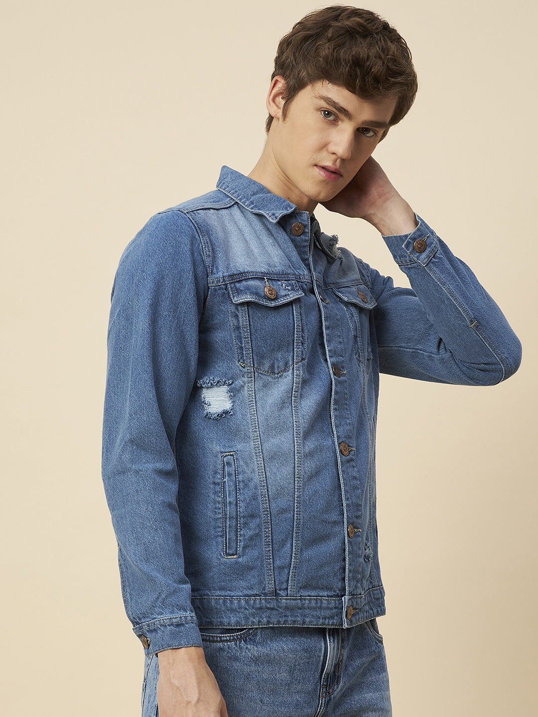 Men's Blue Solid Ripped Denim Jacket - High Star x Dennis Lingo