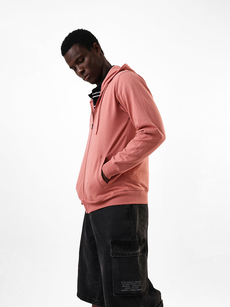 Men's Pink Solid Hooded Front-Open Fleece Sweatshirt