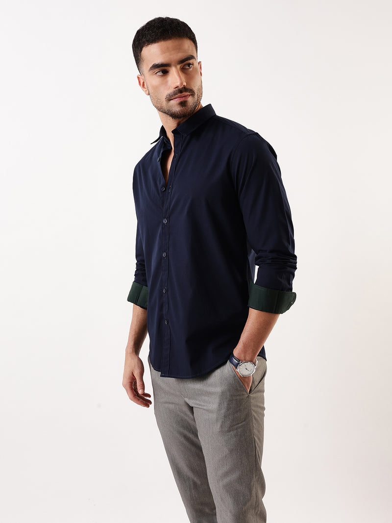 Men Navy Solid Spread Collar Full Sleeves Regular Fit Casual Shirt