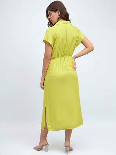DL Woman Shirt Collar Regular Fit Solid Green Midi Tie-Up Dress