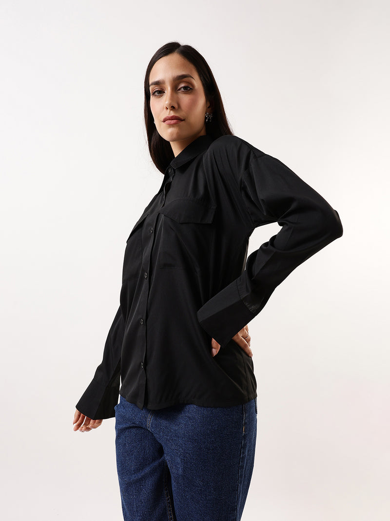DL Woman Solid Double Pocket Spread Collar Shirt