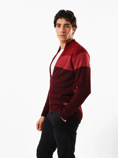 Men's Maroon Colourblocked Mock Collar Front-Open Sweater