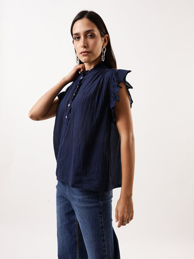 DL Woman Navy Solid Textured Sleeveless Round Neck Ruffle Top