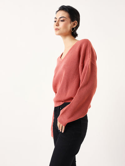 DL Woman Coral Solid V- Neck Sweater
