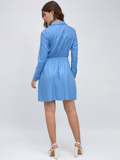 DL Woman Shirt Collar Regular Fit Solid Blue Tie-Up Dress
