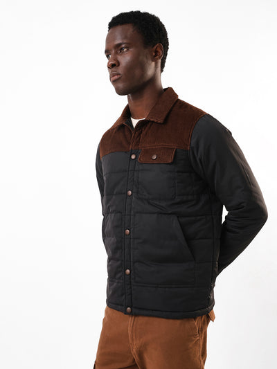 Men's Black & Brown Colourblocked Spread Collar Full Sleeves Puffer Jacket