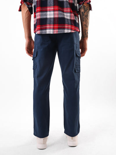 Men's Dark Blue Solid Cotton Relaxed Fit Mid-Rise Cargo Trousers