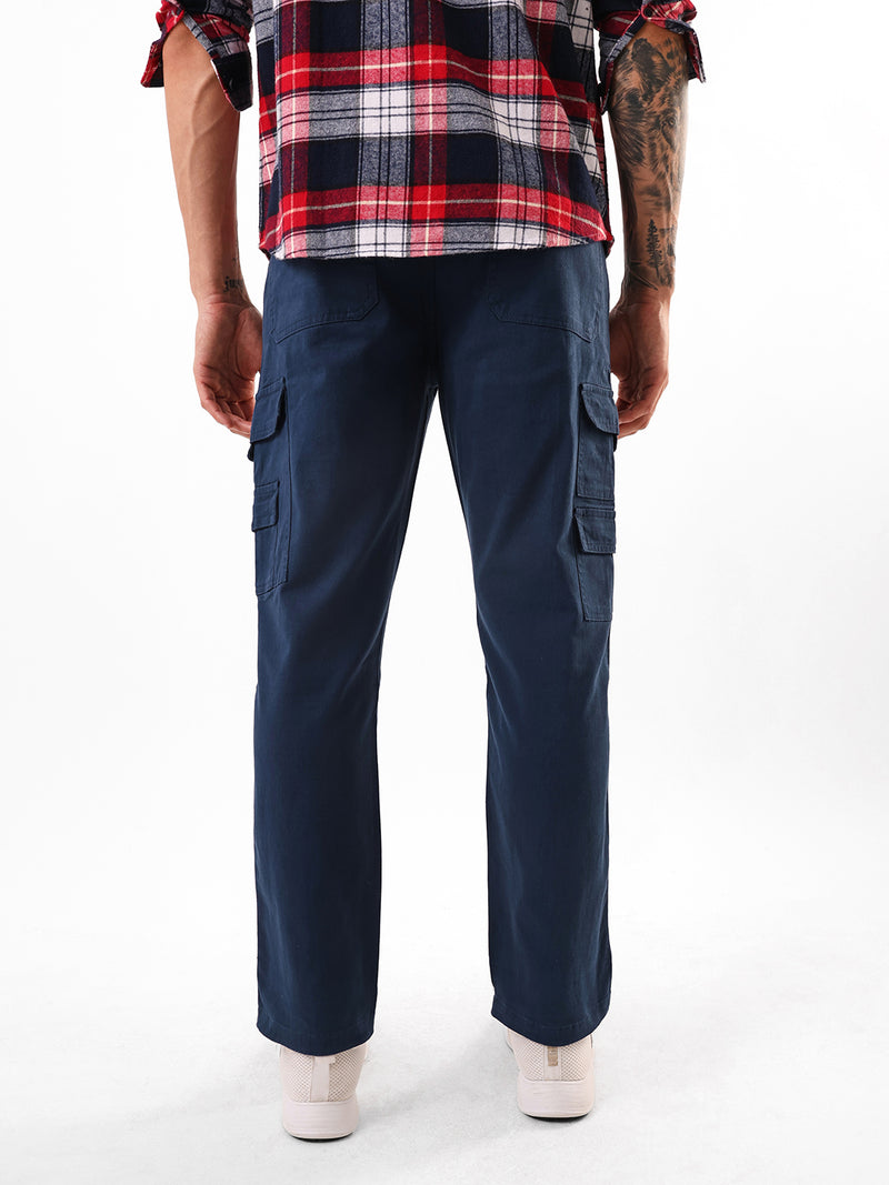 Men's Dark Blue Solid Cotton Relaxed Fit Mid-Rise Cargo Trousers