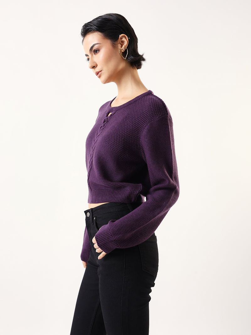 DL Woman Solid Round Neck Full Sleeves Cable Knit Sweater