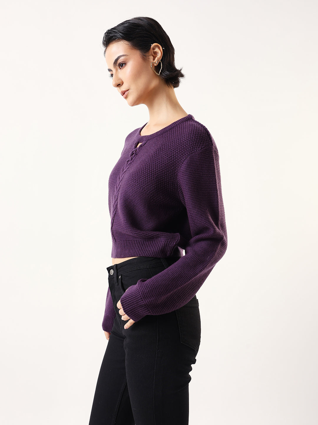 DL Woman Solid Round Neck Full Sleeves Cable Knit Sweater