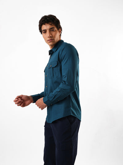 Men's Navy Solid Textured Spread Collar Regular Fit Casual Shirt