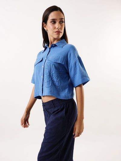 DL Woman Blue Embroidered Half Sleeves Spread Collar Textured Boxy Shirt