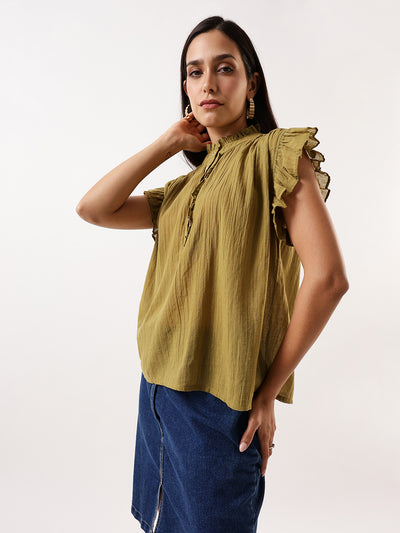 DL Woman Olive Solid Textured Sleeveless Round Neck Ruffle Top