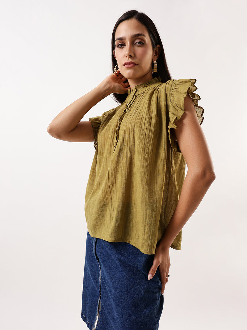 DL Woman Olive Solid Textured Sleeveless Round Neck Ruffle Top