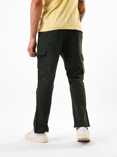 Men's Olive Solid Cotton Relaxed Fit Mid-Rise Cargo Trousers