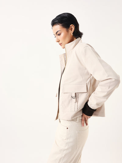 DL Woman Wine Solid Mock Collar Full Sleeves Jacket