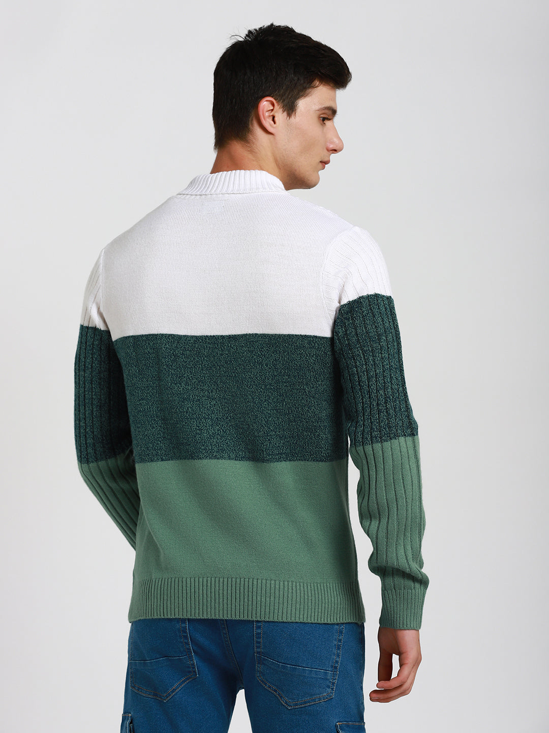 Men's Off-White Colorblock Round Neck Pullover Sweater