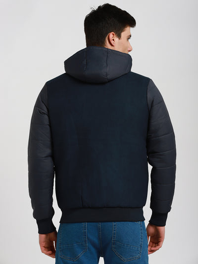 Dennis Lingo Men's Navy Suede Solid Hood Full Sleeve Puffer W Hood Jackets