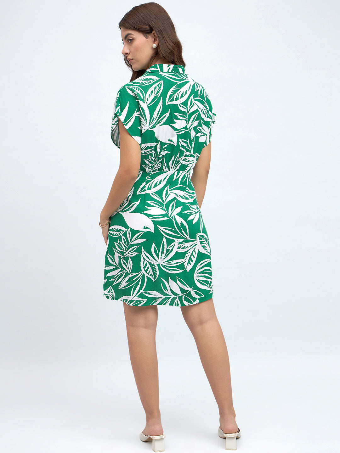 Shirt Collar Regular Fit Printed Green Dress