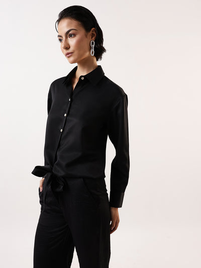 DL Woman Solid Knotted Shirt Collar Top