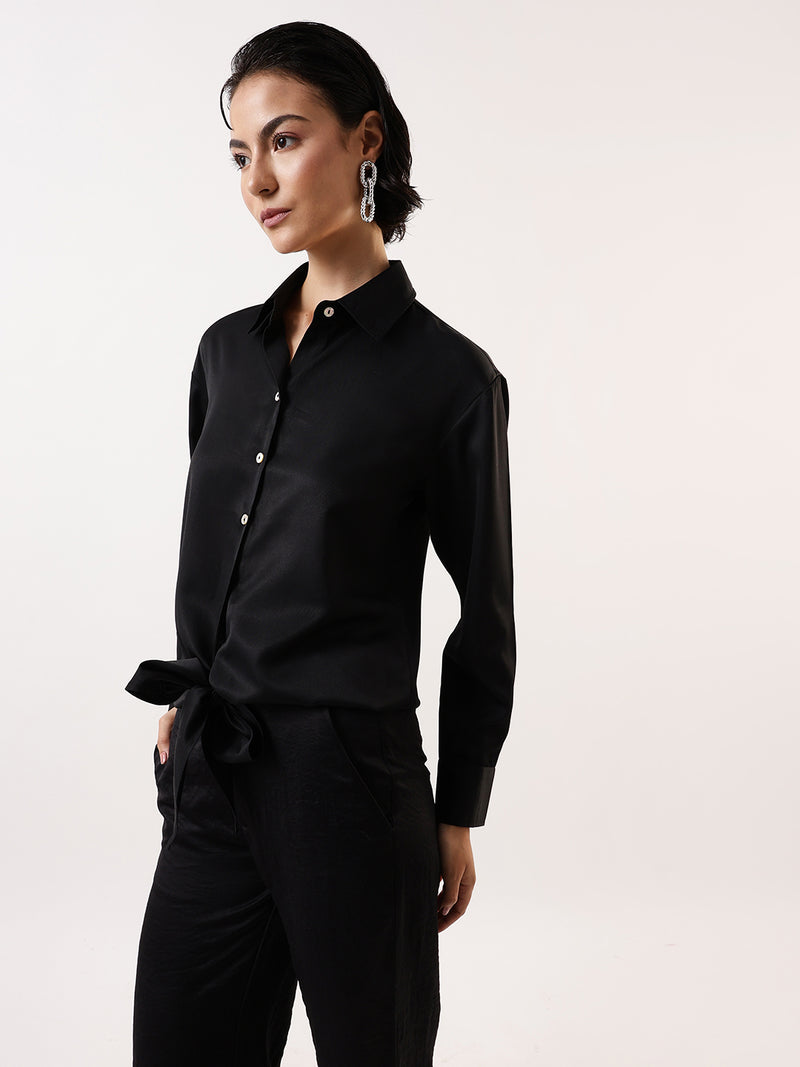 DL Woman Solid Knotted Shirt Collar Top