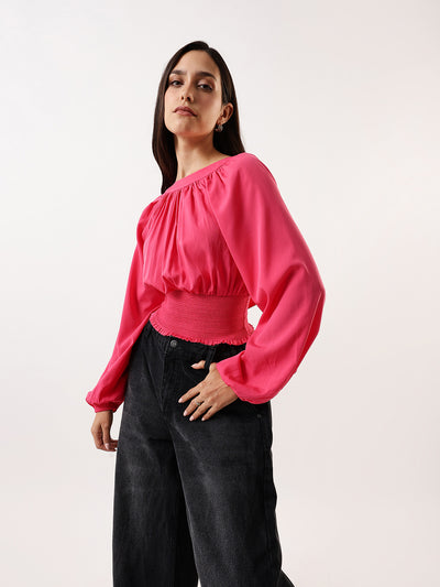 DL Woman Pink Solid Round Neck Elasticated Top