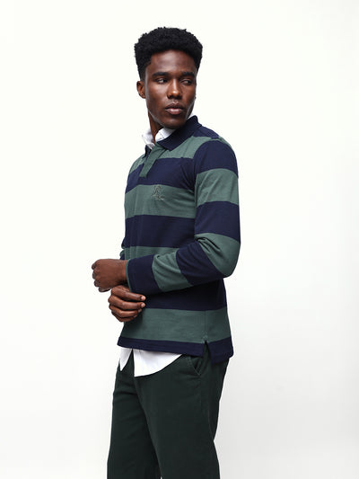 Men's Striped Polo Neck Full Sleeves Relaxed Fit T-shirt