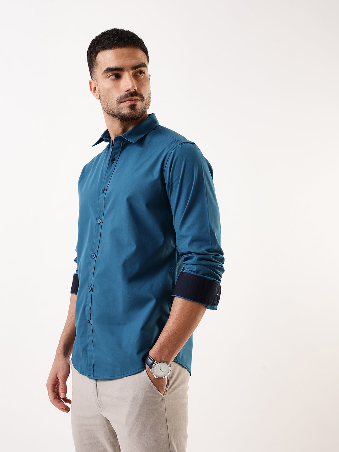 Men's Teal Solid Spread Collar Full Sleeves Regular Fit Casual Shirt