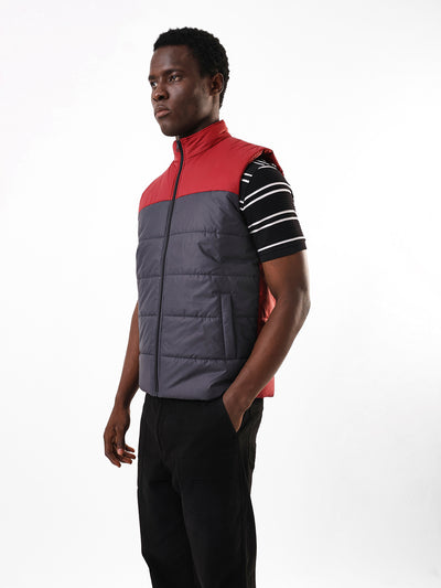 Men's Maroon & Navy Colourblocked Mock Collar Sleeveless Gilet Jacket