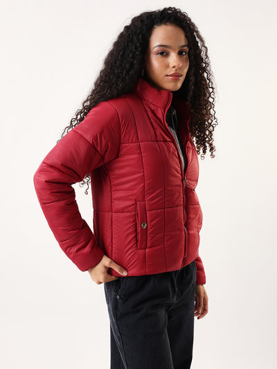 DL Woman Maroon Solid Stand Collar Full sleeves Puffer Jacket