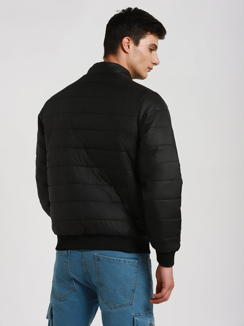 Men's High Neck Regular Fit Solid Quilted Navy Jackets