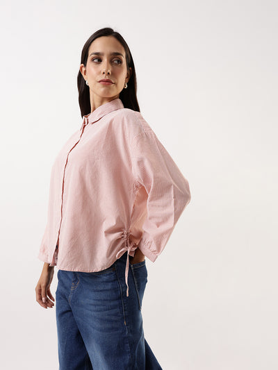 DL Woman Orange Striped Spread Collar Full Sleeves Relaxed Fit Tie-Up Shirt