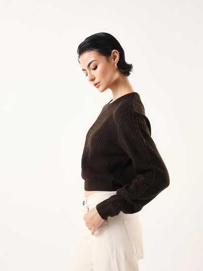 DL Woman Solid Round Neck Full Sleeves Crochet Sweater