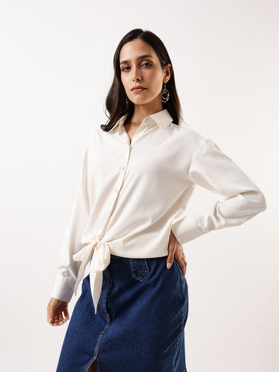 DL Woman Solid Knotted Shirt Collar Top