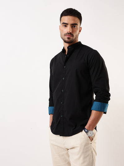 Men Black Solid Mandarin Collar Full Sleeves Regular Fit Casual Shirt